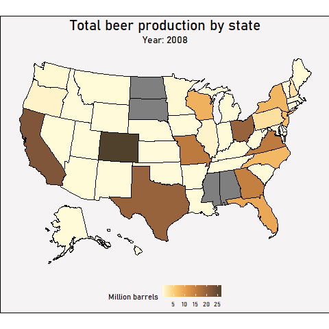 A map showing which states in the USA produced the most beer